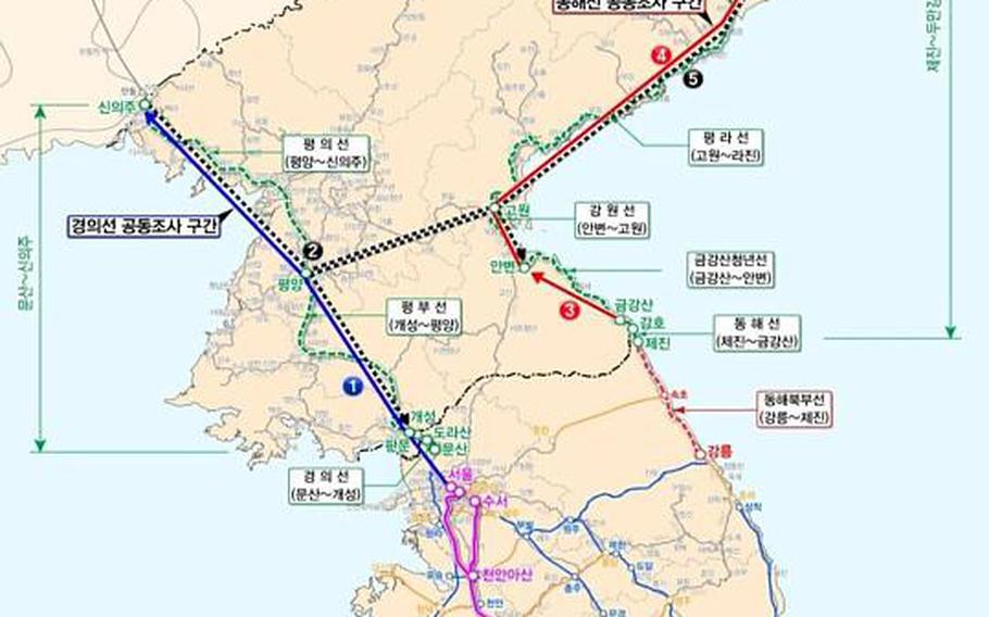 This map shows the western Gyeongui Line joint survey section (marked by the thick blue line) and the eastern Donghae joint survey section (marked by the thick red line).