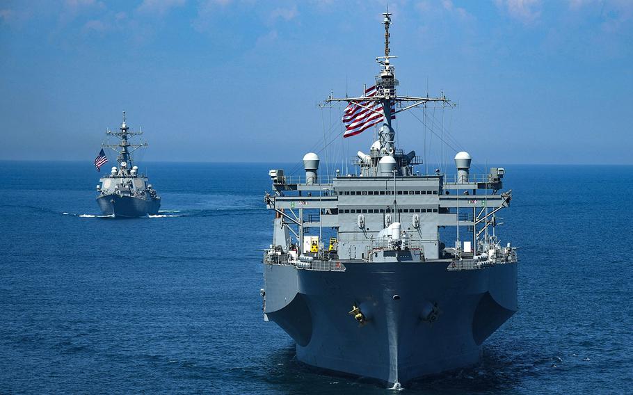 The guided-missile destroyer USS Porter and the command and control ship USS Mount Whitney sail in the Black Sea during exercise Sea Breeze on July 13, 2018. Ukraine?s president urged NATO to send warships into the neighboring Sea of Azov, but the alliance has shown no interest in forcing its way into waters under Russian control.