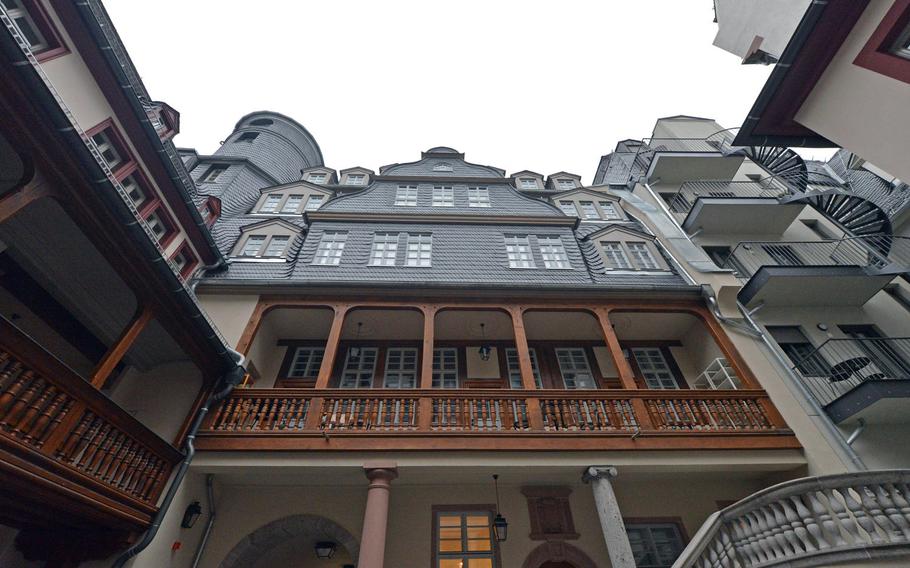 A view of newly constructed buildings of Frankfurt's new Old Town. The heart of the city, destroyed in World War II, has been rebuilt with 35 new buildings, 15 of them reconstructed to original plans.