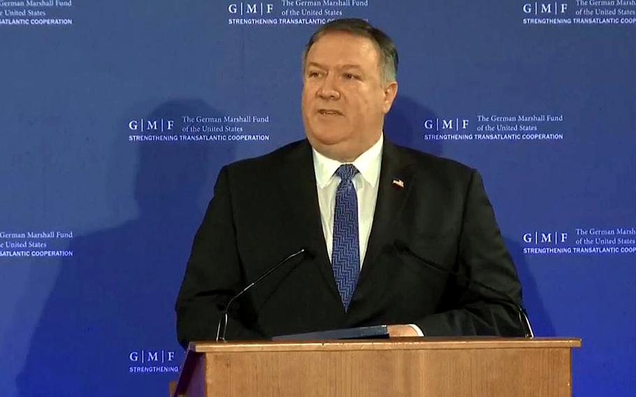 Secretary of State Mike Pompeo delivers keynote remarks at the George Marshall Fund of the United States in Brussels, Belgium, Tuesday, Dec.4, 2018. Pompeo is in Brussels for NATO foreign ministerial meetings.