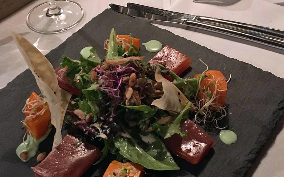 During the winter months, a seasonal menu at Zeppelino's in Stuttgart features different goose dishes. Here is a goose breast served with ginger-flavored chickpeas.