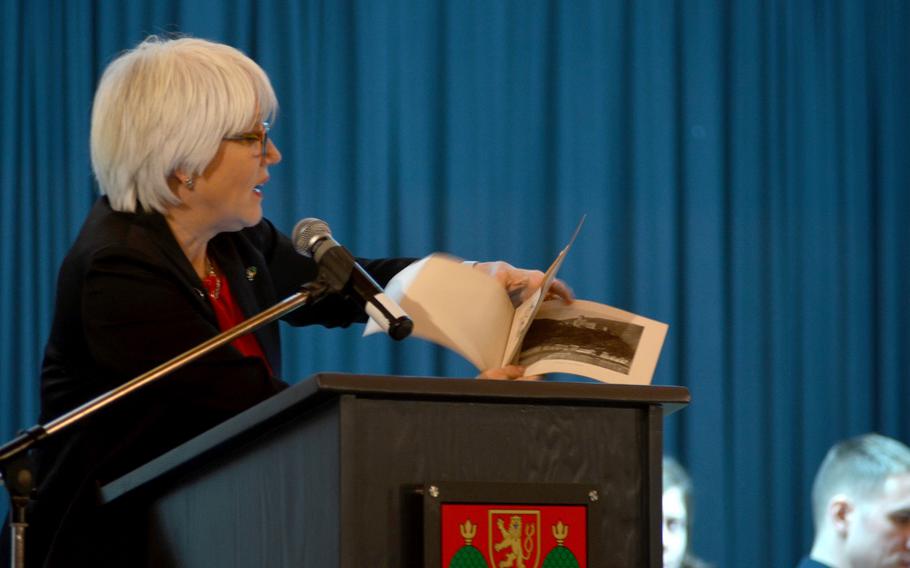 Helen Patton, granddaughter of famed Army Gen. George S. Patton, speaks during a ceremony marking the 100th anniversary of U.S. troop presence of Germany, in Hachenburg, Dec. 13, 2018.