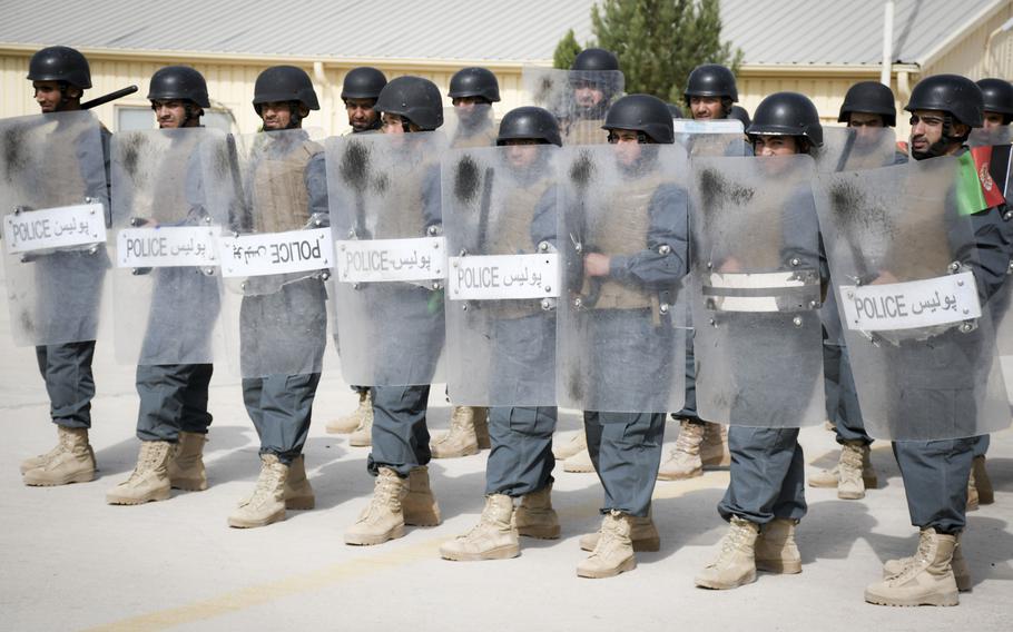 Afghan police in training conduct a crowd-control drill at the Regional Police Training Center in Herat, Oct. 28, 2018. Responsibility for training police primarily belongs to Afghan mentors, with allied troops now focusing on advising at higher echelons and with Afghan special operations.