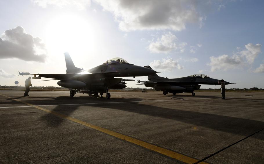 Two U.S. F-16 Fighting Falcons from the 149th Fighter Wing, Air National Guard, line the apron at Natal Air Force Base in Natal, Brazil, Nov. 16, 2018, before participating in an exercise.