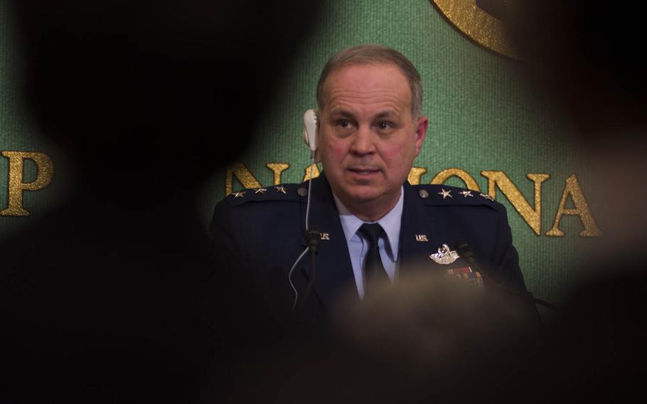 U.S. Forces Japan commander Lt. Gen Jerry Martinez speaks with reporters at the Japan National Press Club in Tokyo, Wednesday, Jan. 9, 2019.