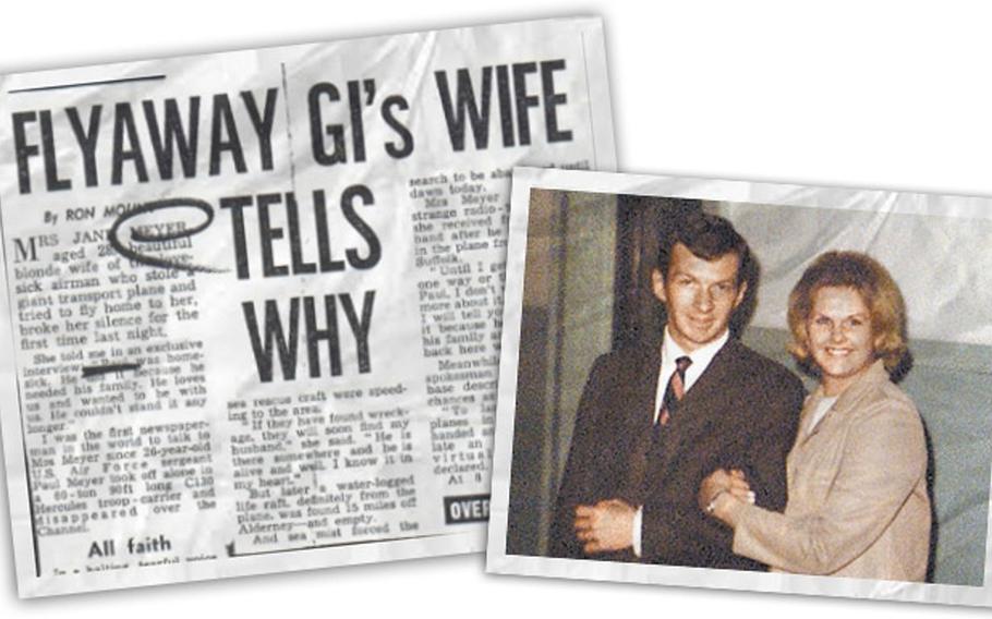 Air Force Sgt. Paul Meyer pictured with his wife, Jane, next to a newspaper clip from when Meyer stole a C-130 Hercules on May 23, 1969, so he could return home.