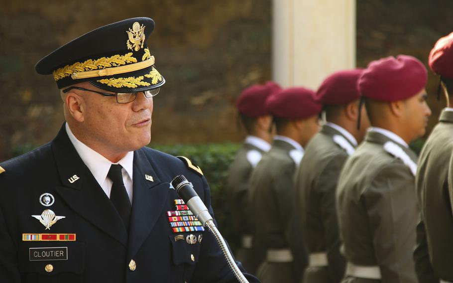 U.S. Army Africa commander Maj. Gen. Roger Cloutier speaks at a Veterans Day ceremony at the North Africa American Cemetery and Memorial, Carthage, Tunisia, Nov. 12, 2018. He visited with U.S. soldiers and Tunisians who were conducting training the following day.