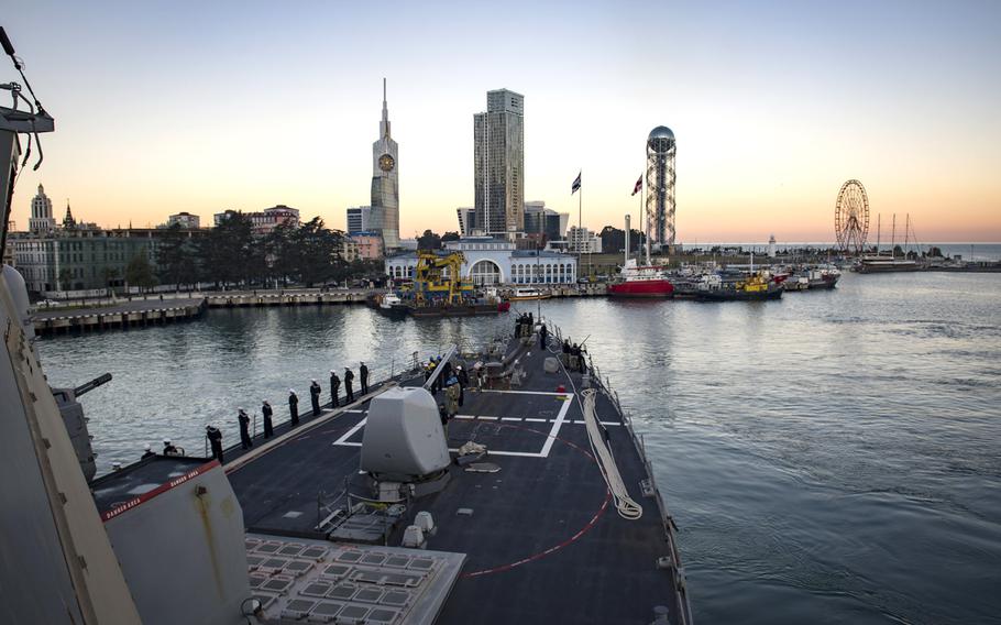 The destroyer USS Donald Cook arrives in Batumi, Georgia, Jan. 21, 2019. USS Donald Cook, forward-deployed to Rota, Spain, is on its eighth patrol in the 6th Fleet area of operations in support of U.S. national security interests in Europe and Africa.