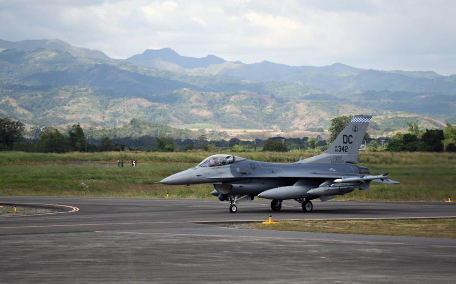 An Air Force F-16 Fighting Falcon from Kunsan Air Base, South Korea, taxis at Cesar Basa Air Base, Philippines, Jan. 18, 2019.