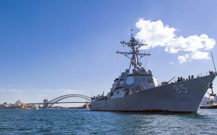 The guided-missile destroyer USS McCampbell departs Sydney, Australia, July 26, 2017.