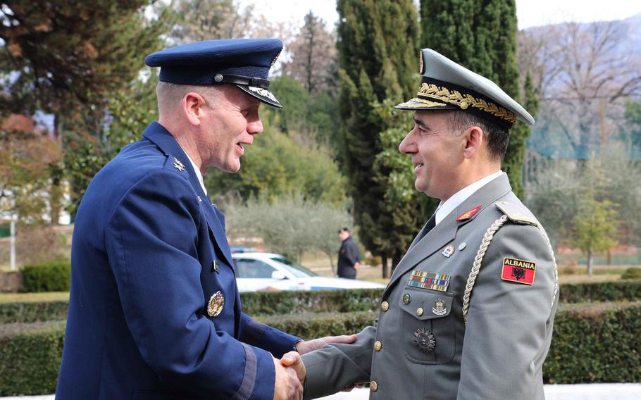 Commander Allied Air Command, Gen. Tod D. Wolters, left, is greeted by the Albanian Chief of Defense Brig. Gen. Bardhyl Kollcaku, in Tirana, Albania, on Thursday, Jan. 24, 2019. Wolters and Albanian defense officials were at a ceremony to mark the first phase of NATO-funded construction projects to improve Albania's Kucova Air Base.
