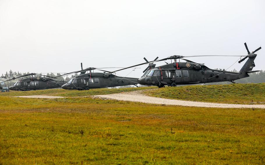 U.S. Army Black Hawk helicopters assigned to 4th Combat Aviation Brigade, 4th Infantry Division out of Ft. Carson, Colo., await their next mission in support of exercise Combined Resolve XI in Hohenfels, Germany, December 2018. The1st Combat Aviation Brigade, 1st Infantry Division from Fort Riley, Kan., will replace the 4th CAB.