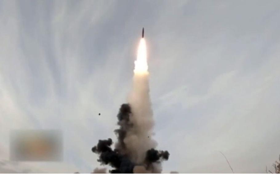This still from a video broadcast by the state-run China Central Television shows the Chinese military test-firing a DF-26 anti-ship missile during a recent exercise in northwest China.