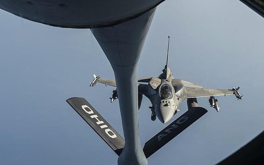 A United Arab Emirates air force F-16 Desert Falcon approaches a U.S. Air Force KC-135 Stratotanker for aerial refueling over Iraq Dec. 9, 2016. The Pentagon has announced it will audit refueling missions in the Africa and Central Command theaters following a report showing that U.S. missions to refuel U.A.E. and Saudi Arabian aircraft had not been properly accounted for.
