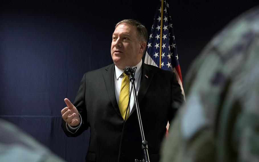 U. S. Secretary of State Mike Pompeo speaks to troops deployed in Baghdad, Iraq, Jan. 9, 2019.
