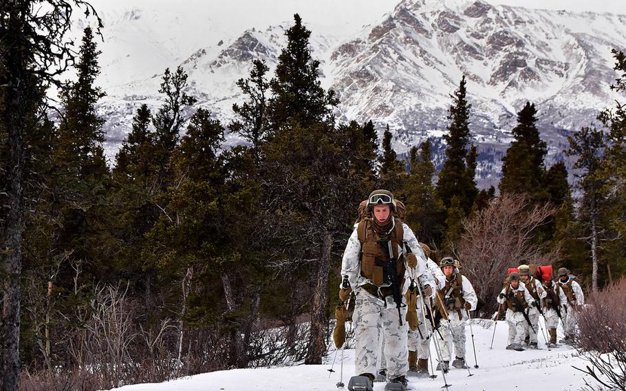 A group of Marines snowshoe along Hippie Trail on their way to the biathlon range Feb. 21, 2018, at the Northern Warfare Training Center's Black Rapids Training Site.