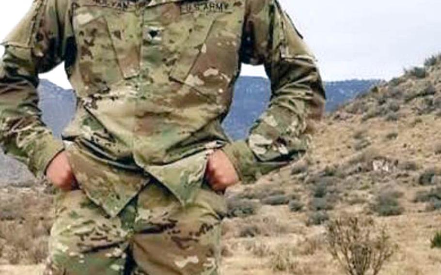 Army Spc. Kevin Holyan poses in an undated photo before he shot himself in the head on April 17, 2017.