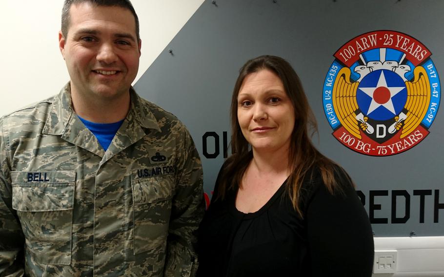 Mia Tobitt and Master Sgt. William Bell, of the 100th Air Refueling Wing, in their workplace at RAF Mildenhall, England, Feb. 1, 2019. Their pitch for a new respirator with video feed and two-way communications was selected as one of six finalists for Spark Tank 2019.