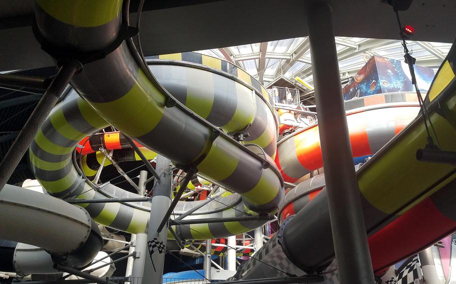 Water slides at Therme Erding, in Erding, Germany, Monday, Feb. 18, 2019.
