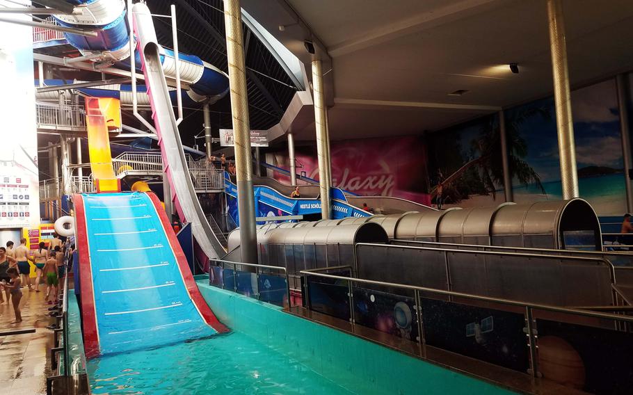Water slides at Therme Erding, in Erding, Germany, Monday, Feb. 18, 2019.