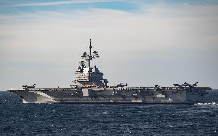 A Rafale multirole fighter takes off from the French aircraft carrier FS Charles De Gaulle in the Mediterranean Sea, Feb. 8, 2019.