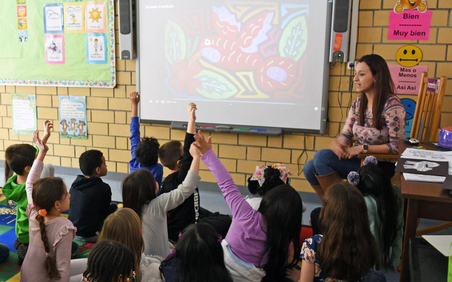 Second graders at Vogelweh Elementary School near Kaiserslautern, Germany, are eager to answer a question in teacher Samantha Sanchez's FLES class on Feb. 22, 2019.