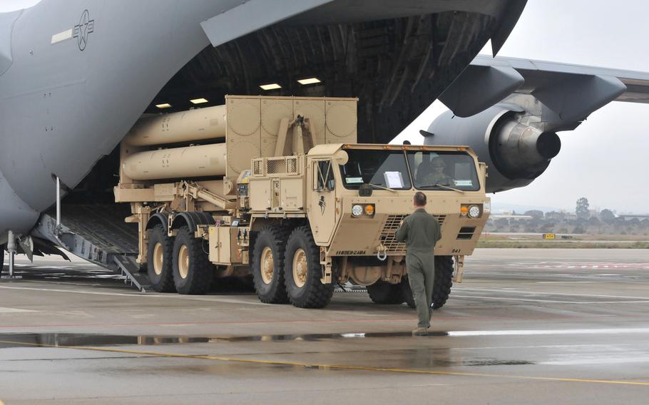 American troops offload a THAAD launcher from a C-17 Globemaster III at Nevatim Air Base, Israel, Mar 1, 2019. The deployment of a Terminal Altitude Area Defense System to Israel is an exercise involving U.S. Army, U.S. Air Force and Israeli forces, under the Dynamic Force Employment concept.