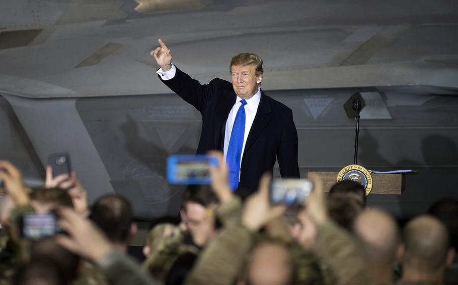 President Donald Trump greets servicemembers at Joint Base Elmendorf-Richardson, Alaska, Feb. 28, 2019.
