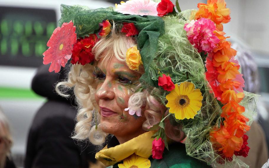 One of the colorful - and flowery - participants at the Ramstein Carnival parade on Tuesday.