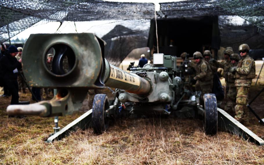 The business end of an M777 Howitzer is aimed by soldiers with the Army's 2nd Cavalry Regiment during Exercise Dynamic Front 2019, Wednesday, March 6, 2019.