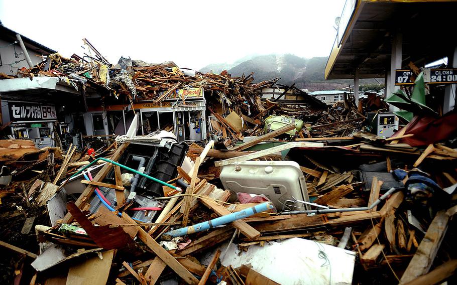 Debris and wreckage is piled up on March 16, 2011, in Ofunato, Japan, after a 9.0 earthquake hit Japan on March 11 that caused a tsunami that destroyed anything in its path.