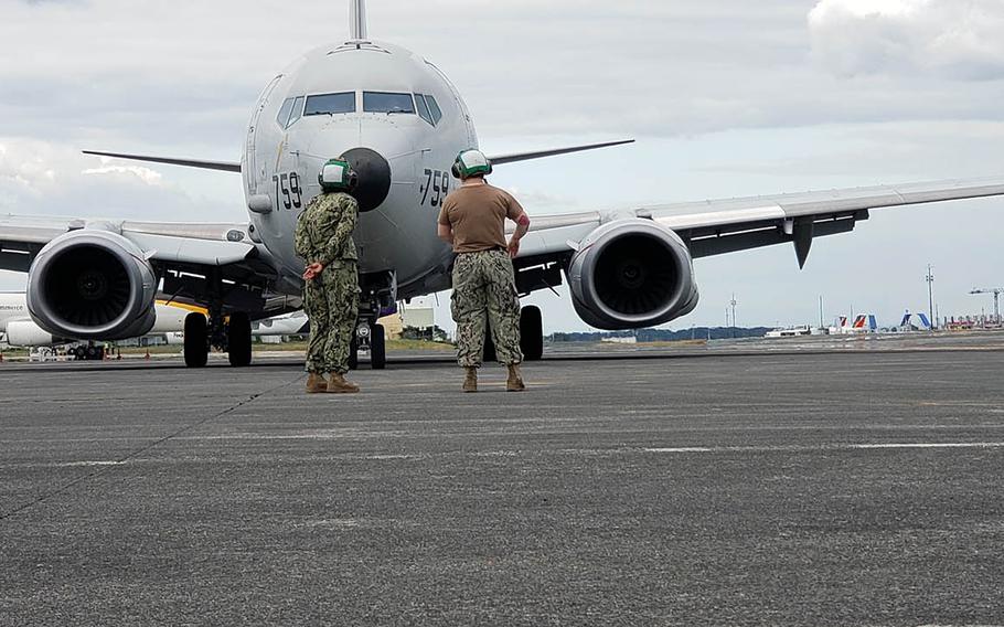 A U.S. Navy P-8A taxis at Clark Air Base, the Philippines, on Feb. 3, 2019. The Navy said Thursday, March 14, 2019, that the aircraft, based on the Boeing 737, is not affected by the 737 Max grounded by the Federal Aviation Administration.