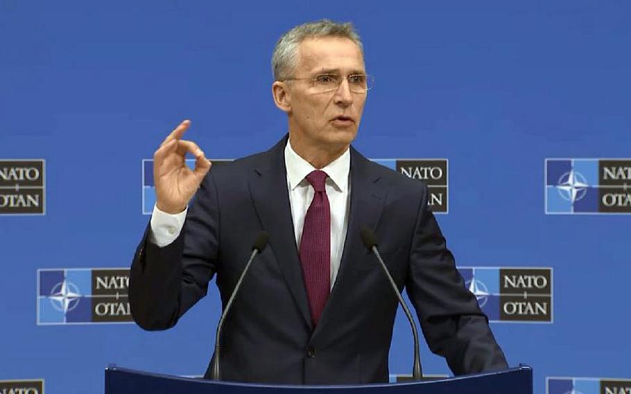NATO Secretary General Jens Stoltenberg at a press conference at the alliance's headquarters in Brussels, Belgium, Thursday, March 14, 2019.