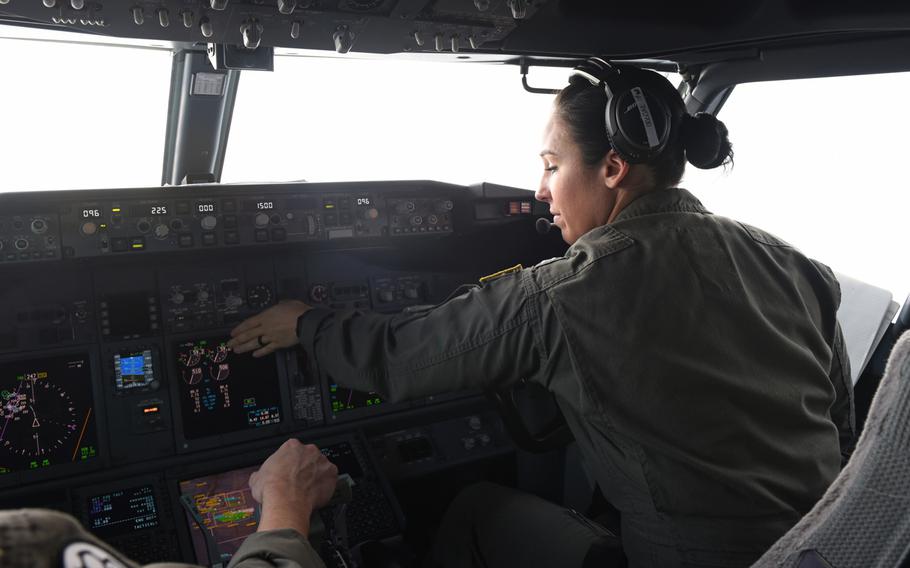Pilots work the controls of a P-8A Poseidon on Feb. 26, 2019 in a flight over the Mediterranean Sea during the exercise Dynamic Manta. The forward-deployed squadron from Jacksonville, Fla., is conducting aerial reconnaissance that U.S. military leaders say is important in the face of increased Russian submarine activity in European waters.