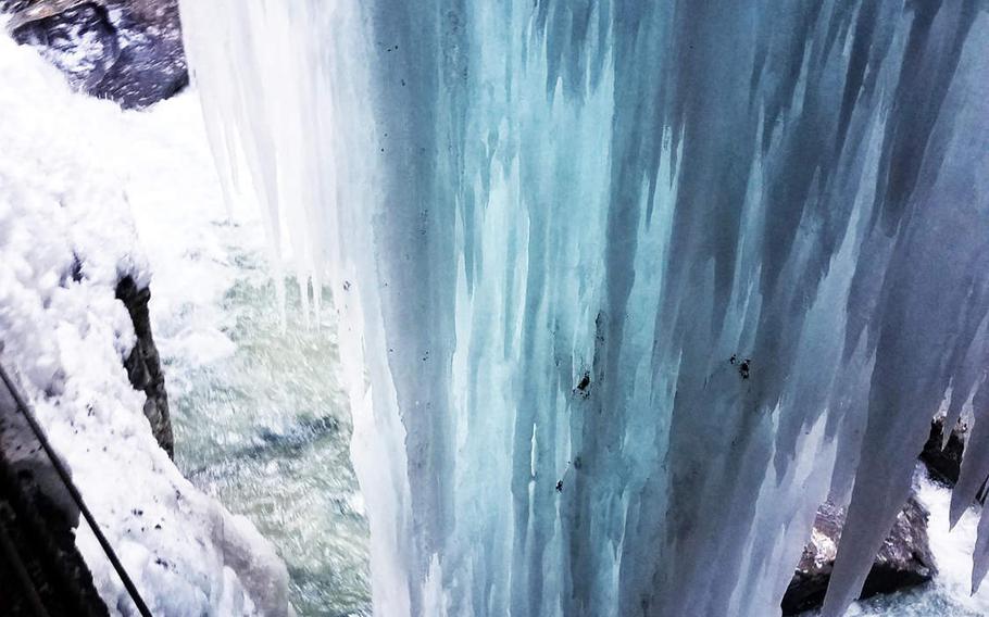 A frozen waterfall at the Partnach Gorge, in Garmisch, Germany, February, 2019.