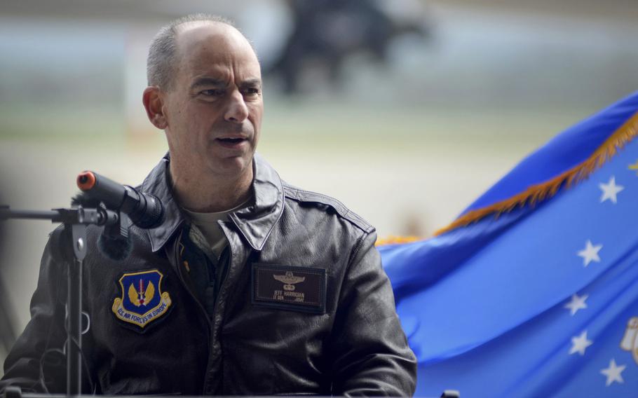 Lt. Gen. Jeffrey Harrigian, U.S. Air Forces in Europe-Air Forces Africa deputy commander, speaks about the deployment of six B-52 Stratofortress at RAF Fairford, England, March 19, 2019. He has been nominated for appointment to the rank of general, and assignment as commander of U.S. Air Forces Europe-Air Forces Africa and Allied Air Command at Ramstein Air Base, Germany.