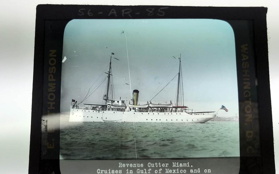This color lantern slide shows the USS Tampa under its original name, the USS Miami, circa 1912-1915. Originally built for hurricane duty in Florida, the ship became an ice cutter, then joined the war effort in World War I as an ocean convoy escort. A German submarine sank the Tampa on Sept. 26, 1918. 