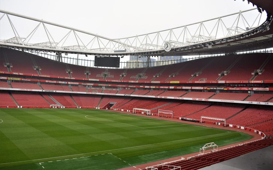 A view overlooking the field at Emirates Stadium in London, home of the soccer club Arsenal. The stadium was completed in 2006, replacing the team's nearby former home, called Highbury.