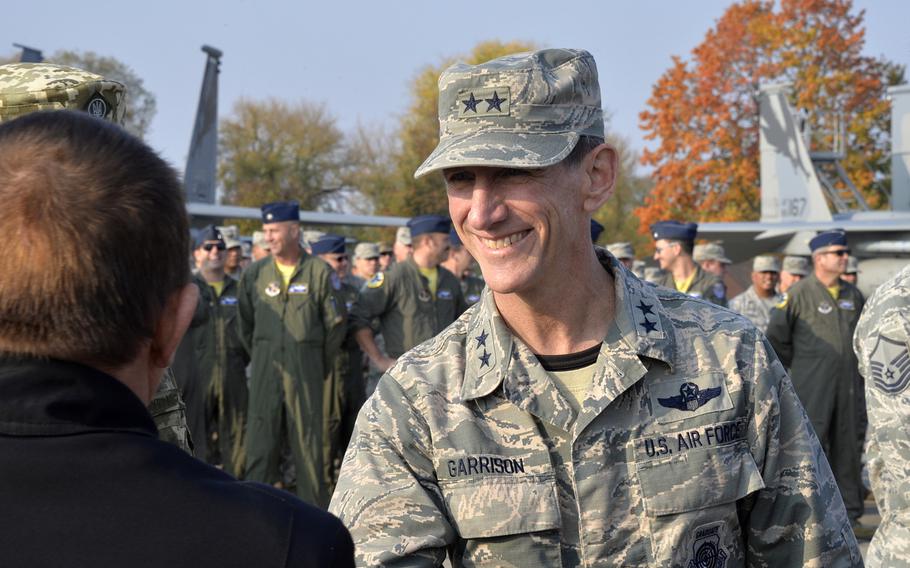 Maj. Gen. Clay L. Garrison, former California Air National Guard commander, greets dignitaries during an exercise at Starokostiantyniv Air Base, Ukraine, Oct. 8, 2018. Garrison was removed in April for an inability to maintain a positive command climate, state officials said.