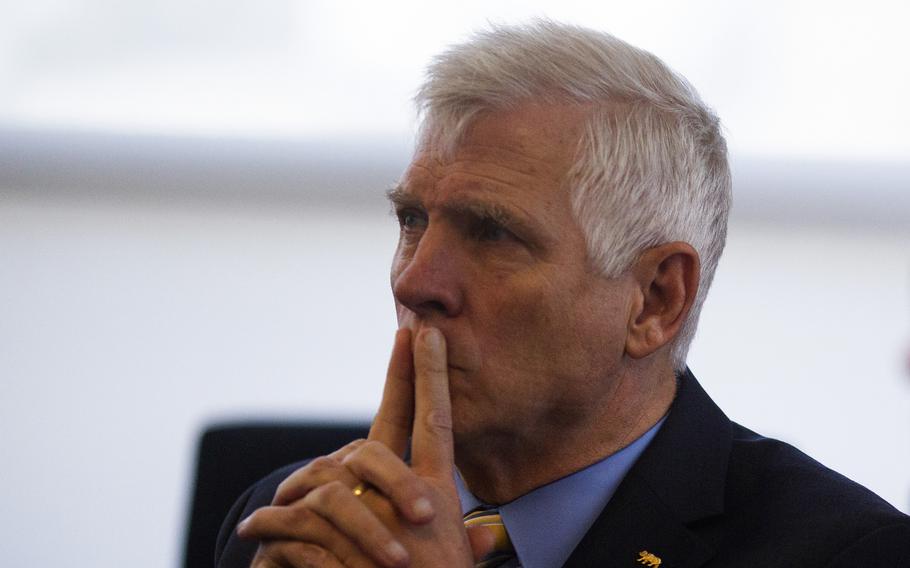 Sen. Tom Umberg, who represents California's 34th state senate district, listens to a briefing during a tour of Joint Forces Training Base, Los Alamitos, California, on March 8, 2019. Umberg is introducing legislation that would make the California National Guard Inspector General more independent