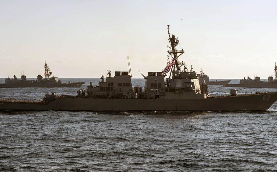 The USS Stethem, foreground, shown here Nov. 12, 2017, sailed through the Taiwan Strait with another destroyer, the USS William P. Lawrence, on April 28-29, 2019.