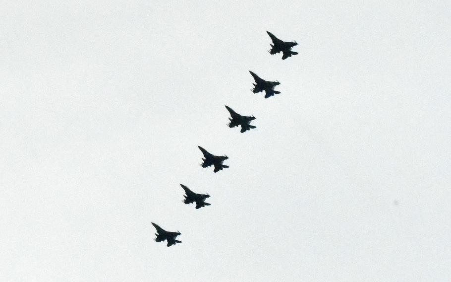 F-16s from the 510th Fighter Squadron, 31st Fighter Wing, Aviano Air Base, Italy, make their approach in formation over Aviano's airfield during the Squadron's redeployment, on Tuesday, April 30, 2019. The returning airmen were deployed for about six months to Afghanistan.
