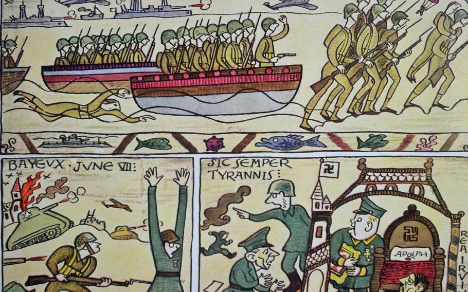 This poster in Bayeux depicts the 1944 D-Day invasion, done in the style of the 11th-century Bayeux Tapestry. It was the cover of ''The New Yorker,'' July 15, 1944.