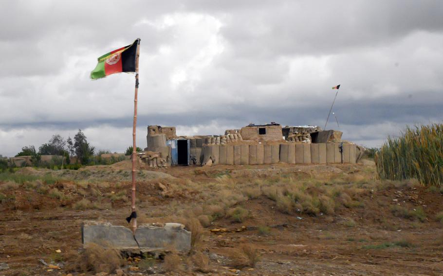 A small checkpoint guarding a highway outside Lashkar Gah, in Helmand province, April 16, 2019. An airstrike in Helmand killed 17 policemen by mistake during a battle with the Taliban outside Helmand's capital.