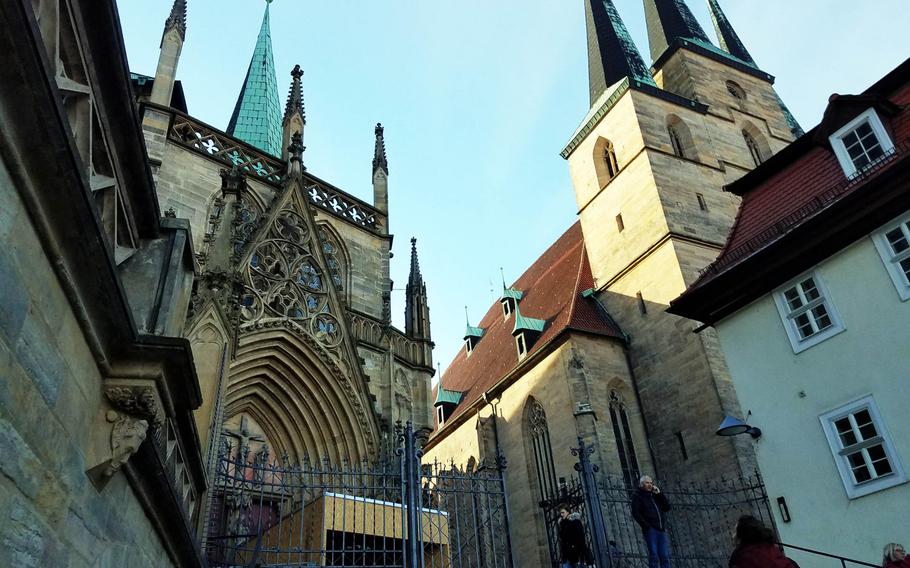 The St. Mary's Cathedral in Erfurt, atop a small hill overlooking the main town square.
