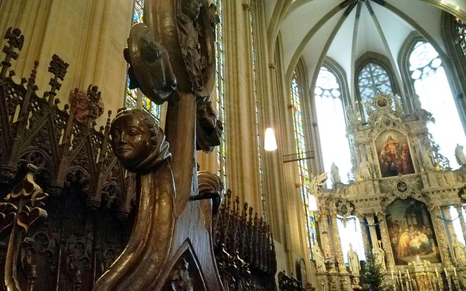 The intricately carved interior of the St. Mary's Cathedral in Erfurt, Germany.