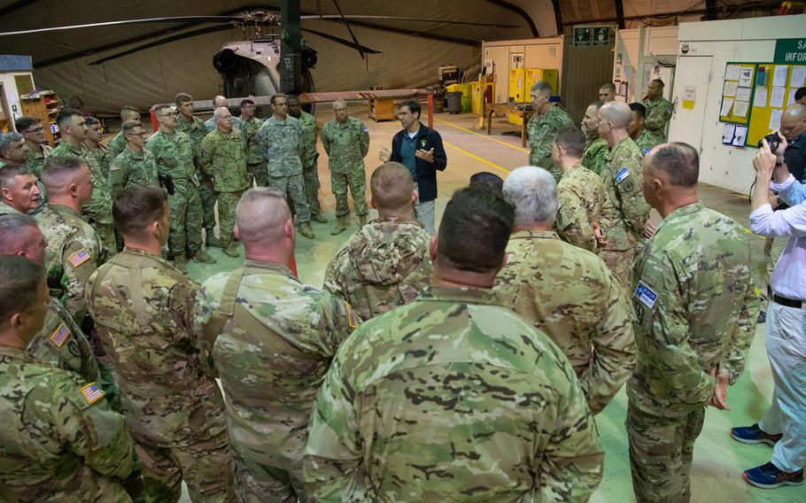 Secretary of the Army Mark Esper visits Camp Bondsteel, Kosovo, to meet with soldiers from the Hawaii, Tennessee and California National Guards, reservists from Pennsylvania and soldiers from 2nd Brigade, 10th Mountain Division.