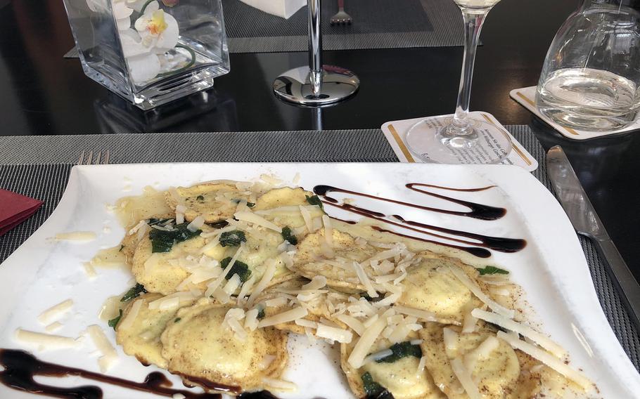 Ravioli stuffed with spinach and ricotta in a butter and sage sauce topped with parmesan cheese at Bistrorante Da Adriana in Kaiserslautern.