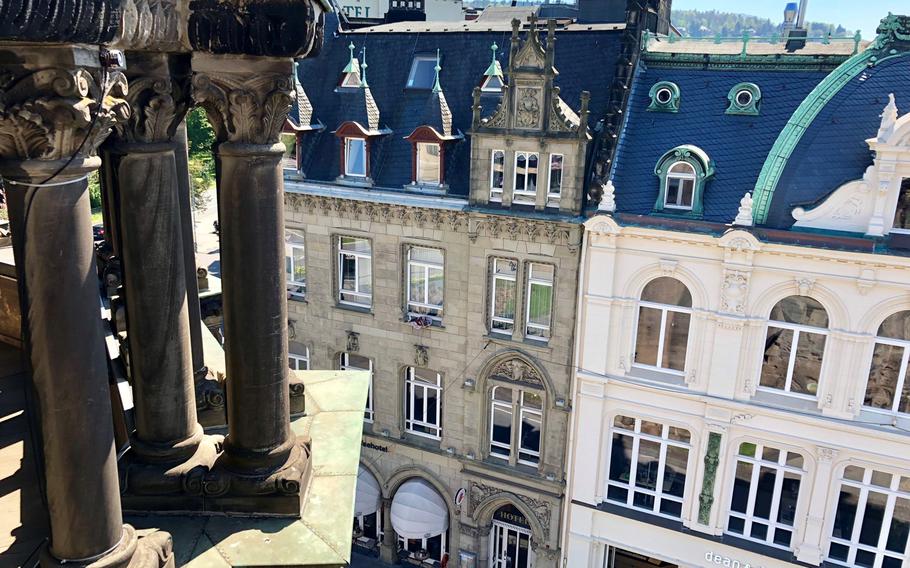 A view from the ramparts of the four-story Porta Nigra, looking down on adjacent buildings.