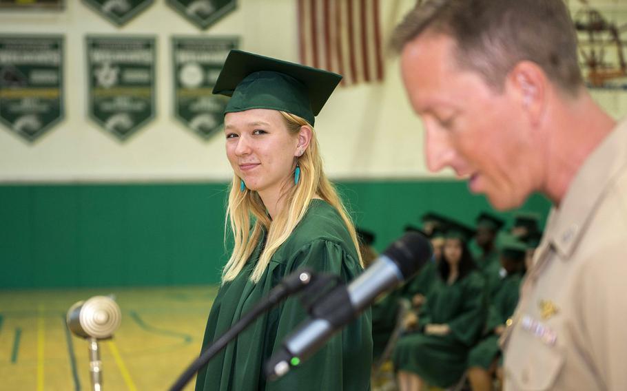 Sophia Adams, a senior at Naples Middle High School, is recognized as a U.S. presidential scholar on June 4, 2019 during a ceremony at the Navy Support Site in Naples, Italy. Sailors with at least 10 years of service and are unable to reenlist have until July 11 to transfer their Post-9/11 GI Bill education benefits to family members.